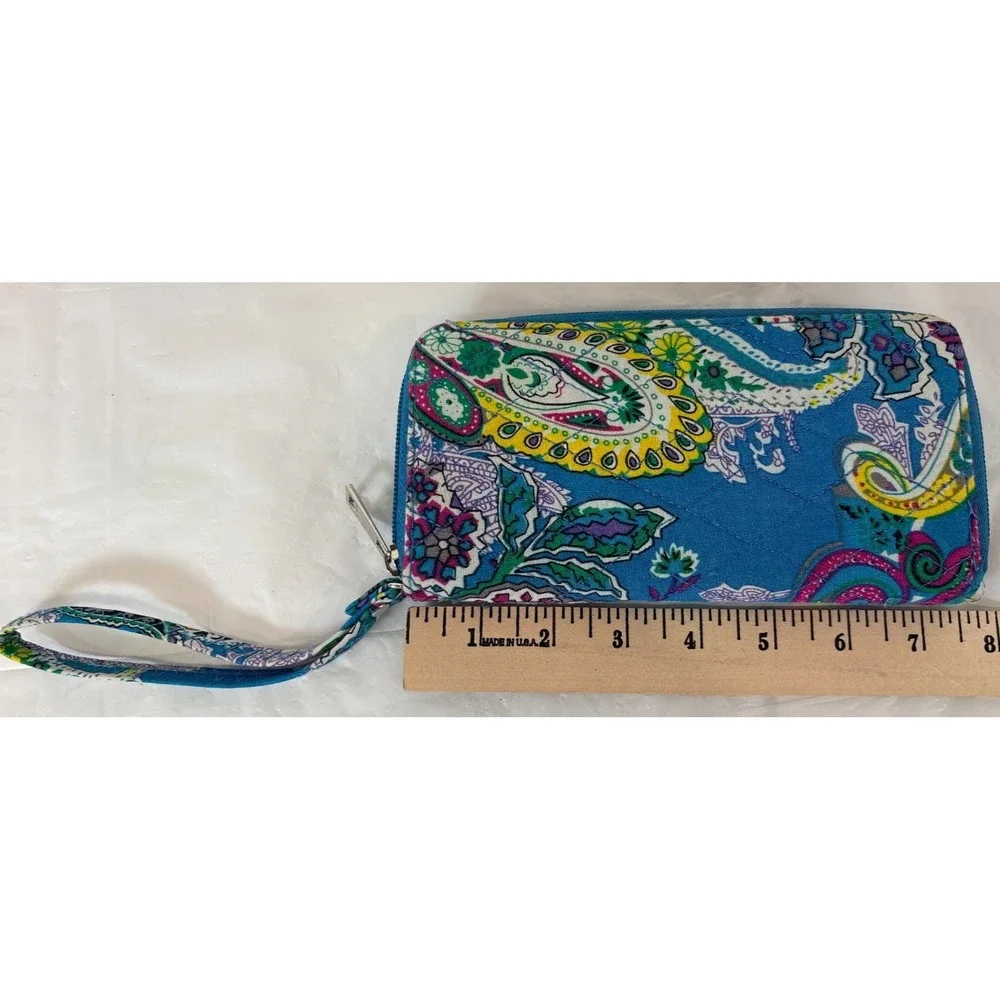 Bi Fold 2 Zip Wallet 8 Inch Long Blue Floral Paisley Wristlet